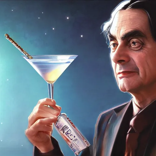 Image similar to portrait painting of carl sagan drinking a martini, ultra realistic, concept art, intricate details, serious, highly detailed, photorealistic, octane render, 8 k, unreal engine. art by artgerm and greg rutkowski and alphonse mucha