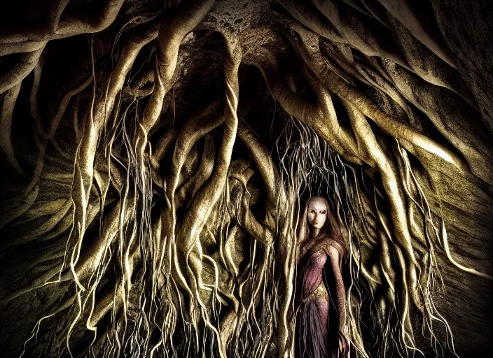 Image similar to photo of roots growing down from a ceiling in an underground cavern wrapped around an elven woman. Fantasy magic horror style. Highly detailed 8k. Intricate. Nikon d850 55mm. Award winning photography.