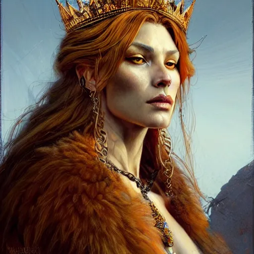 Image similar to highly detailed portrait of a majestic lioness queen in the form of a beautiful woman. d & d, art by gerald brom and ruan jia and carl larsson. trending on artstation, intricate details, energetic composition, golden ratio, concept art, illustration, elegant art