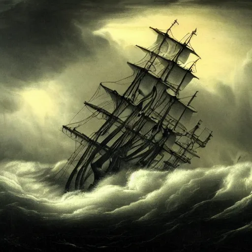 Image similar to a highly detailed scene of a ship being attacked by giant squid tentacles, dark, voluminous clouds, thunder, stormy seas, pirate ship, dark, high contrast