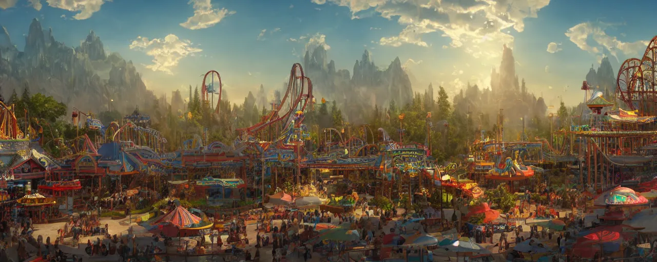 Image similar to amusement park, beautiful dynamic lighting, cinematic, wide angle establishing shot, extremely high detail, photo realistic, cinematic lighting, post processed, concept art, artstation, matte painting, style by frederic church, raphael lacoste, unreal engine 8k