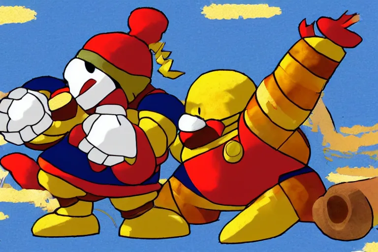 Prompt: King Dedede clobbers a waddle dee in the style of John Bauer