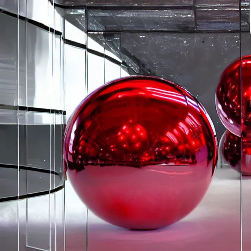 Prompt: chrome spheres on a red cube by peter lloyd