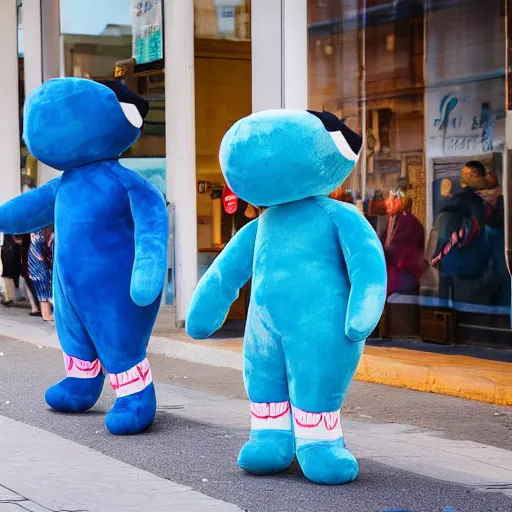 Image similar to blue'snappy gifts'human - sized plush doll, on sidewalk, giving gifts to people, happy atmosphere, high detail, soft lighting, 8 k