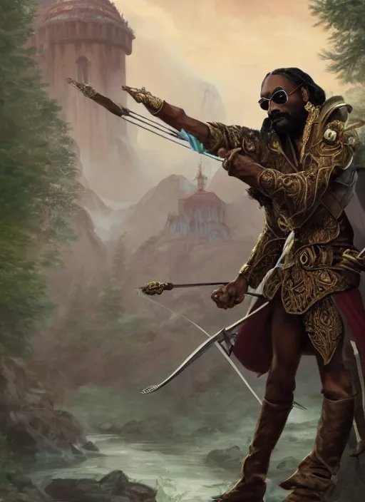 Image similar to snoop dogg as an archer, short beard, grumpy, Ivan Aivakovsky, Boris Vallejo, epic fantasy character art, D&D Concept Art, magic the gathering art, full length, ultra Realistic, Regal, Refined, Detailed Digital Art, Exquisite detail, post-processing, masterpiece, Cinematic Lighting, Unreal Engine, 8k, HD