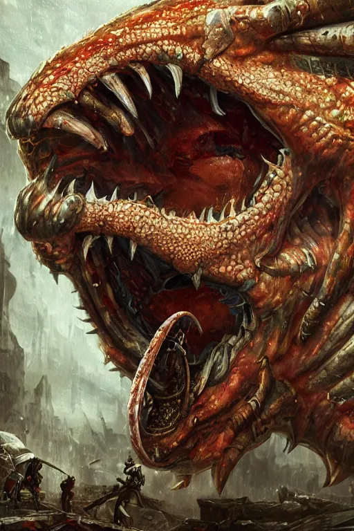 Image similar to ultra realist and ultra intricate detailed soft painting close up view of a gigantic wyrm opened mouth eating a minotaur, symmetry features, slimy tongue, sensual gloomy style, volumetric clouds, cyberpunk background, artstation, unreal render, depth of field