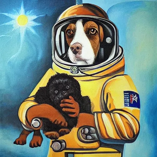 Prompt: a beautiful painting, dog in a space suite, by vladimir mayakovsky, by vladimir mayakovsky, long shot