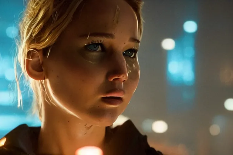 Image similar to jennifer lawrence in a cyberpunk outfit, sci-fi movie still, cinematic lighting