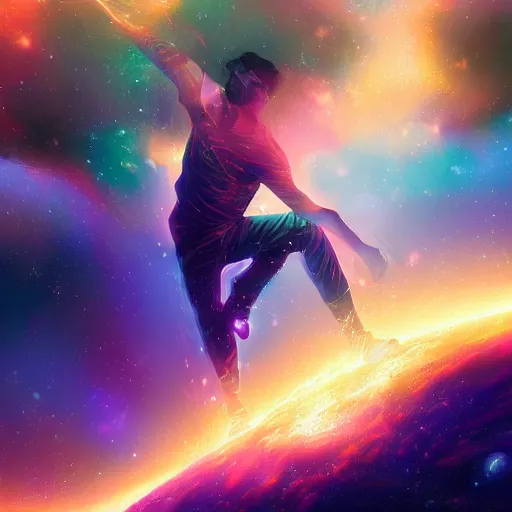 Prompt: digital painting of a man ascending to galactical bliss, stars and nebulas behind, dynamic lighting, cinematic shot, concept art, sci - fi, fantasy, artstation