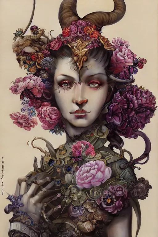 Prompt: a portrait photograph of a tiefling with a scaled skin transforming into a flower wearing a harajuku fashion and a tactical suit. by tom bagshaw, donato giancola, hans holbein, walton ford, gaston bussiere, brian froud, peter mohrbacher and magali villeneuve. 8 k, hyperrealism, fashion editorial.