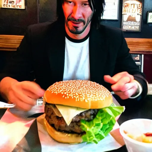Prompt: Keanu Reevse eating big burger in Irish pub