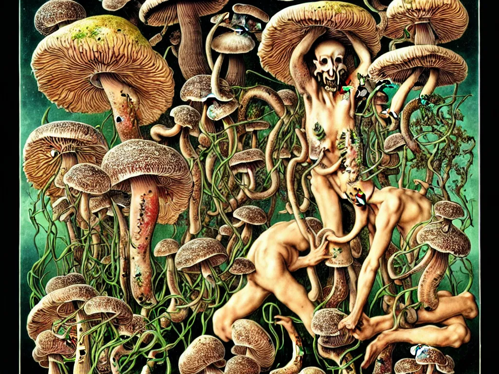 Prompt: human eating yourself with mushrooms, neo surrealism, art by ernst haeckel and daniel martin diaz