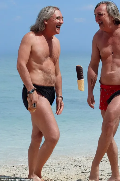 Prompt: Braco the gazer is with another man who is bulky built middle aged and who has short thick black hair with a receding hair line, they are on the beach eating ice creams, they are both laughing maniacally