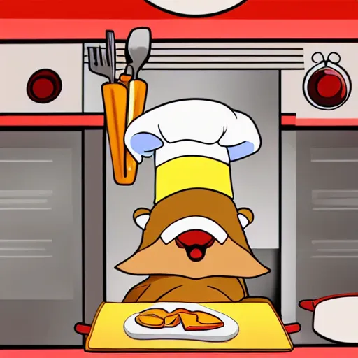 Image similar to anime cute platypus on a kitchen wearing a chef hat and holding a lasagna into an oven, anime style