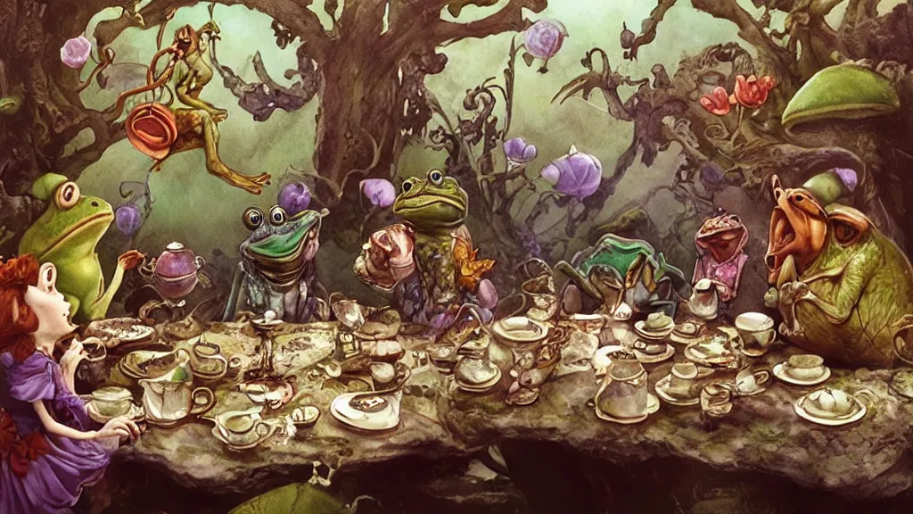 Prompt: A movie screenshot of frogs and toads (by Brian Froud) having tea with Alice in Wonderland, directed by Francis Ford Coppola, cinematic, balanced composition, terrifying. This is the sort of thing you'd find in hell. If you ever see this, you'll go insane.