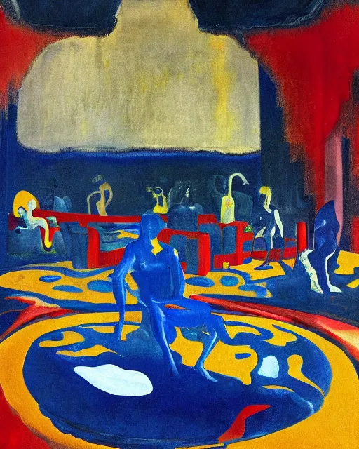 Image similar to blue people and a dark figure seated on a throne with clouds at red and yellow art deco interior room in the styleof Francis Bacon and Chaïm Soutine, open ceiling, highly detailed, painted by Francis Bacon and Edward Hopper, painted by James Gilleard, surrealism, airbrush, art by JamesJean