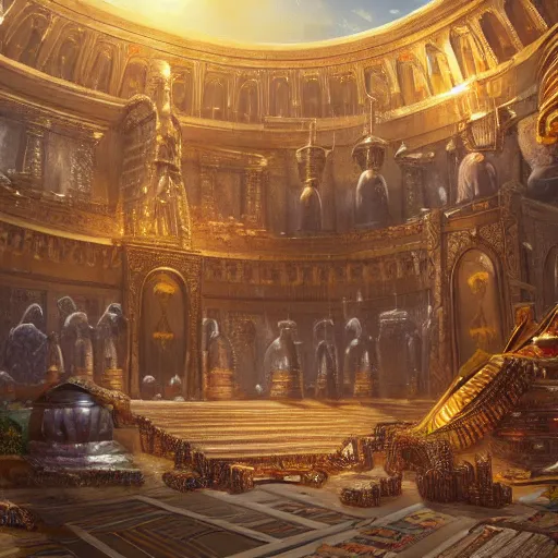 Prompt: a baby crawls away from a pile of jewels and toward a pile of coal in an ornate Egyptian throne room, detailed and realistic 8k HD matte painting by Noah Bradley