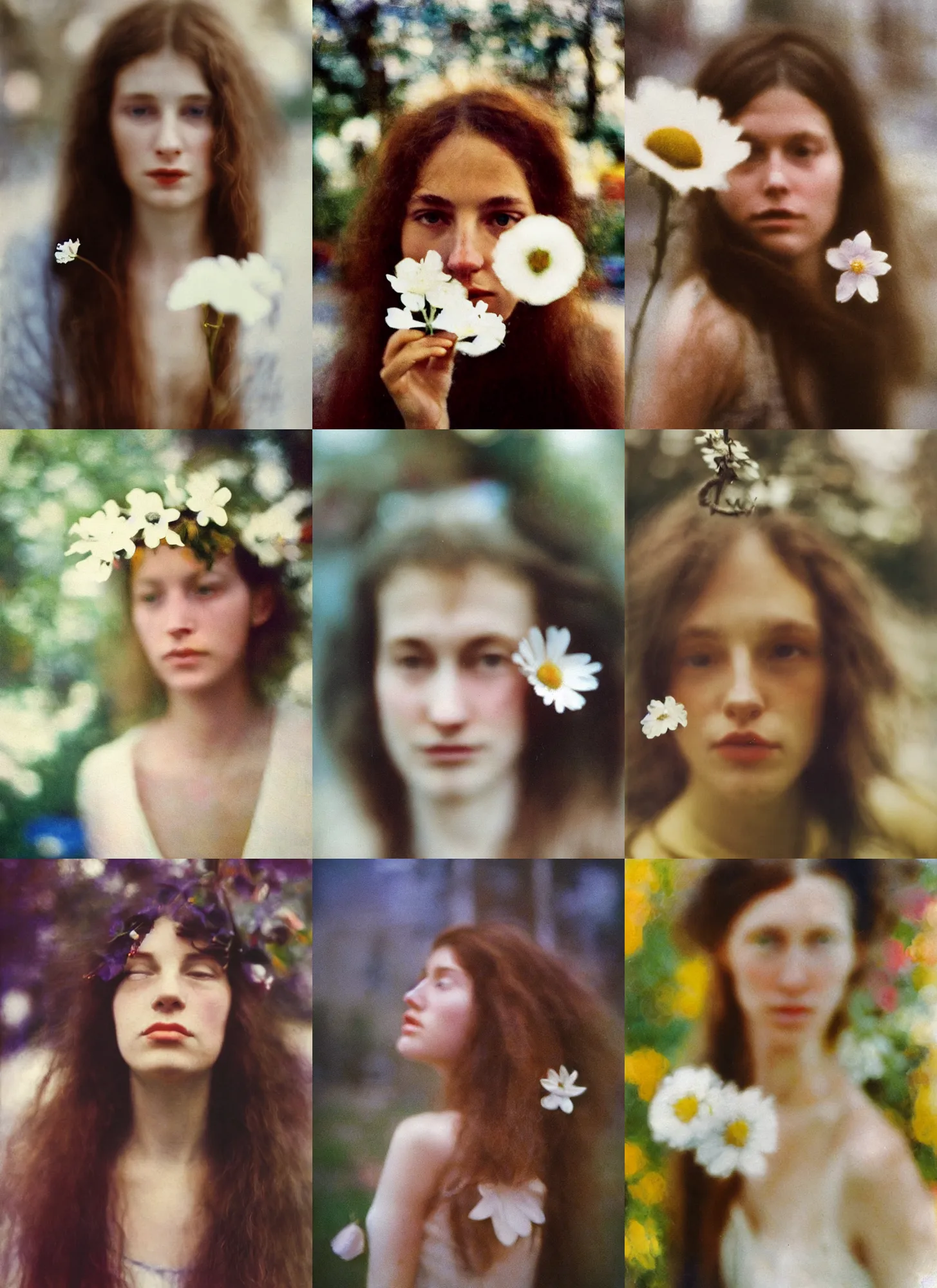 Prompt: out of focus photorealistic portrait of a beautiful hippie woman by saul leiter, very blurry, a white flower in the hair