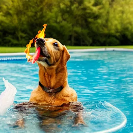 Prompt: dog-garlic spewing fire from his mouth while in the pool