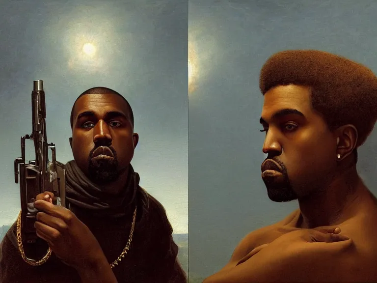 Prompt: a detailed profile oil painting of kanye west pointing a gun to pete davidson, bounty hunter portrait symmetrica, aurora lighting clouds and stars by beksinski carl spitzweg and tuomas korpi. intricate artwork by caravaggio. Trending on artstation. 8k