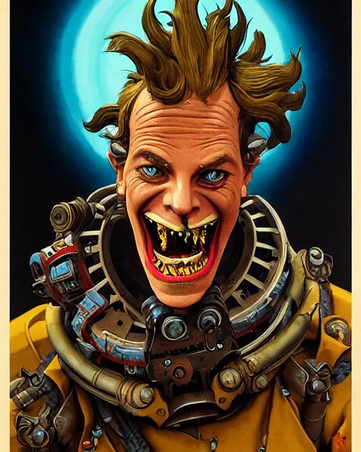 Image similar to junkrat from overwatch, closed mouth smile, character portrait, portrait, close up, concept art, intricate details, highly detailed, vintage sci - fi poster, in the style of chris foss, rodger dean, moebius, michael whelan, and gustave dore