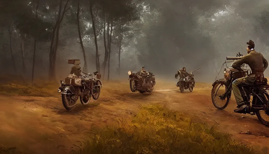 Prompt: a british officer driving a motorcycle at high speed in 1921 in kerala forest road, local people chasing to attack, furious action scene, chase, an epic fantasy, dramatic lighting, cinematic, establishing shot, extremely high detail, photorealistic, cinematic lighting, artstation, by simon stalenhag, horizon forbidden west