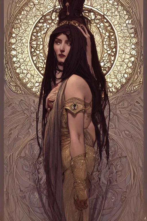 Prompt: high priestess, intricate, elegant, highly detailed, concept art, sharp focus, beautiful face!!, digital art, smooth defined outlines!!, by Brom, trending on Artstation, Alphonse Mucha