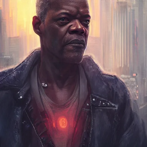 Image similar to samuel jackson, cyberpunk ex soldier with a scar in his face, sunset, neuromancer, cyberpunk city background, megacity, gorgeous view, depth, painted by seb mckinnon, high detail, digital art, painted by greg rutkowski, trending on artstation