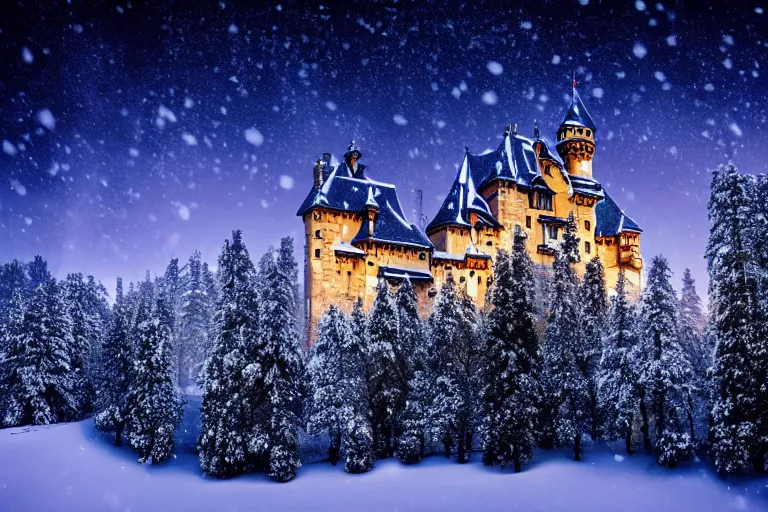 Image similar to Beautiful castle in the heart of the forest and snow-capped mountains at night, hyperdetailed, photo realistic, dramatic lighting, Nat Geo award winner, 100mm lens, bokeh