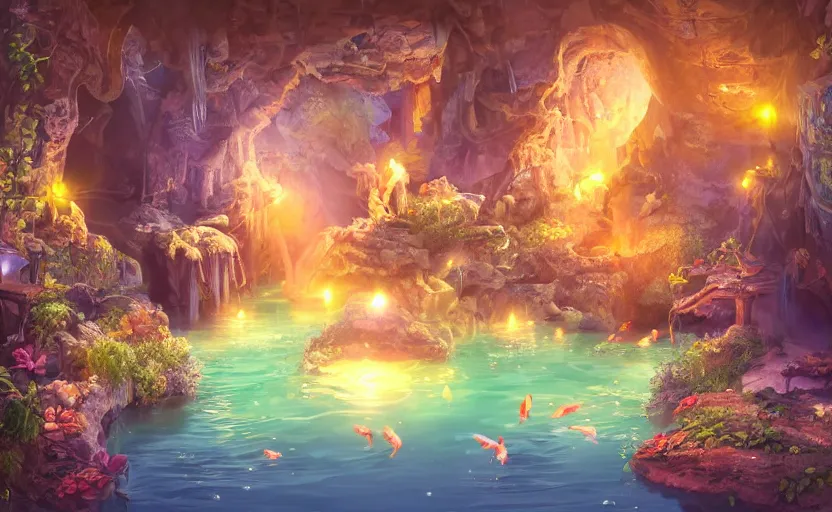 Image similar to magical mine illustration. fantasy, soft lighting, 8 k, sharp focus, global illumination, paid artwork, portfolio, detailed and intricate environment, koi pond vibe