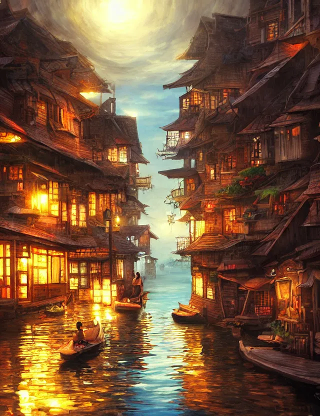 Prompt: lost in a floating town. oil painting by award - winning mangaka. backlighting, chiaroscuro, intricate details, depth of field, luminescent colors.