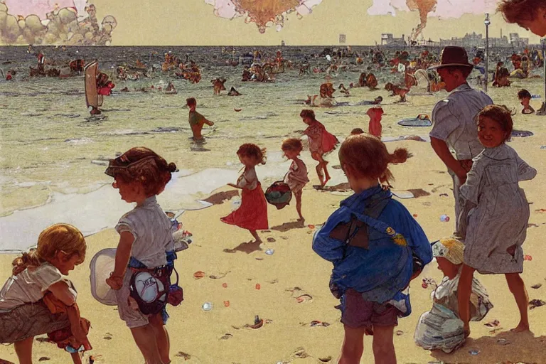Prompt: kids playing at the beach, huge atomlc explosion in the background, wide angle shot, by norman rockwell, by mattias adolfsson, by alphonse mucha, oil on canvas,