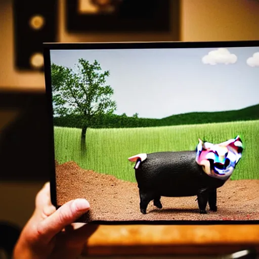 Image similar to landscape studio photograph of a pig cooking dinner depicted as a muppet