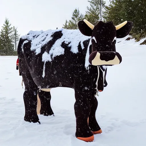 Prompt: a cow fursuit cosplay costume in the snow