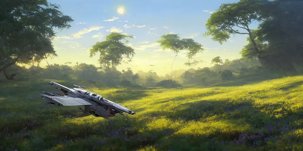 Image similar to an extraordinarily beautiful oil painting of an x - wing fighter in a landscape in spring during sunrise ; lush vegetation ; the most beautiful painting in the world ; by makoto shinkai and craig mullins