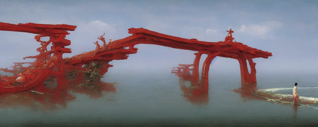 Image similar to A beautiful painting of A Torii over the sea by Zdzisław Beksiński and Ilya Repin,In style of Post-Apocalyptic.digital art, illustration,hyper detailed,smooth, sharp focus,trending on artstation,oil on the canvas,4k