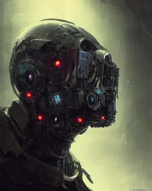 Image similar to a rugged engineer man with cybernetic enhancements, detailed mask, scifi character portrait by greg rutkowski, esuthio, craig mullins, 1 / 4 headshot, cinematic lighting, dystopian scifi gear, gloomy, profile picture, mechanical, half robot, implants, steampunk, warm colors