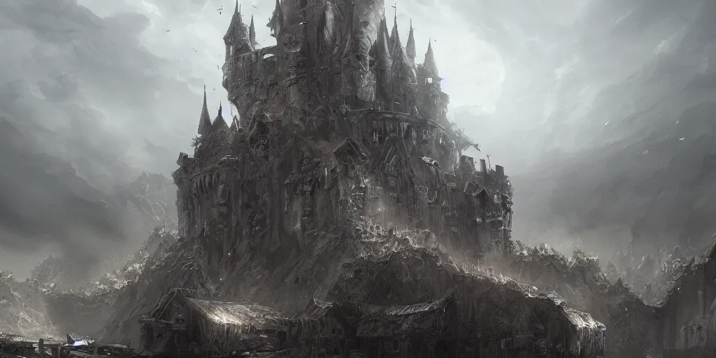 Image similar to a giant castle crumbling into dust, concept art, digital illustration, trending on artstation, deviantart, artgerm, epic composition, masterpiece, highly detailed, advanced technique, ambient lighting, wlop, ross draws