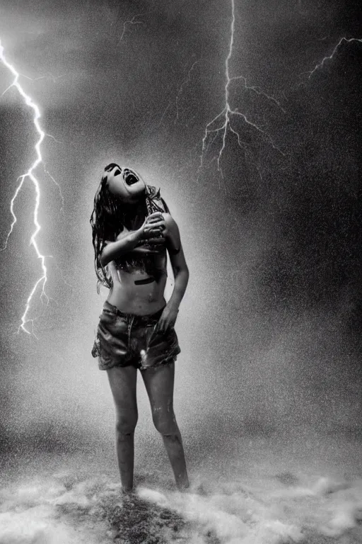 Prompt: apocalyptic photograph of a teenage girl screaming face toward the camera wearing wet!! and ripped!!! shirt and shorts, fearful, skin, a terrifying robot!!! stands very tall in the distance, short dof, atmospheric, rain and smoke and lightning, bold colors, dramatic movie still, photograph by nick ut