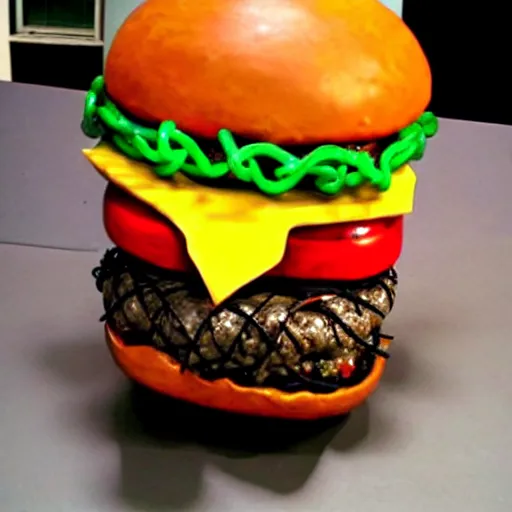 Image similar to cheeseburger sculpture made out of rusty barbed wire.