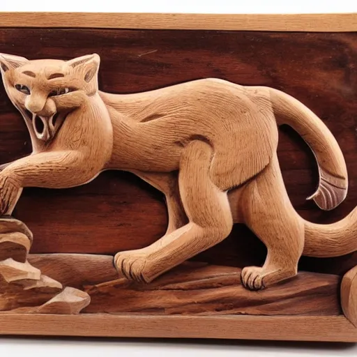 Prompt: wooden carving of a cougar, product picture, ebay listing thumbnail