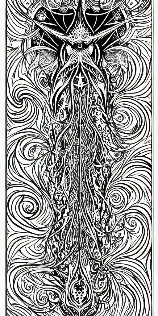 Image similar to a beautiful black and white fractal tarot card featuring bold occult imagery with clean lines. ocean fish cthulhu. detailed adult coloring book