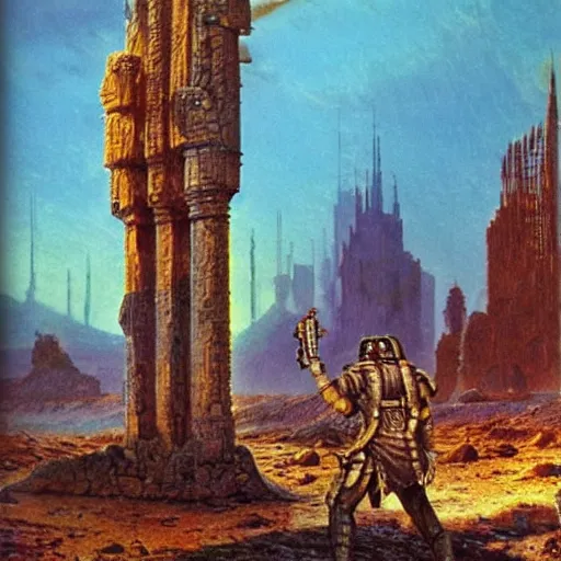 Prompt: sardaukar warrior in mars ancient ruins, vintage sci - fi art, by bruce pennington