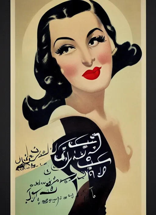 Image similar to portraitbeautiful and glamorous black-haired woman, smooth hair, arab, 1940s propaganda poster, full hd,highly detailed