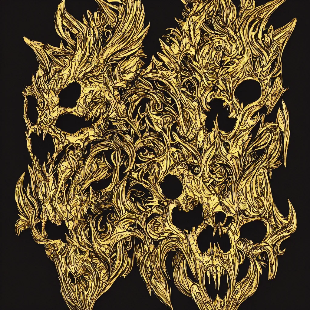 Image similar to photo of wolf skull on bones, dramatic lighting, circural, golden ornaments, symmetric, intricate skeletal decorations, symmetry, highly detailed, concept art, black, glimpse of red, white, gold layers, centered, style of nekroxiii, hyperrealistic, black background, smoke