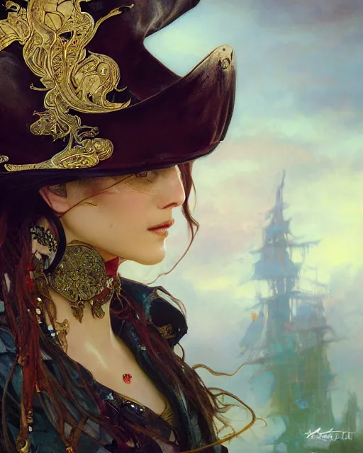 Image similar to a beautiful close up portrait of a pirate sitting with elegant looks, leather clothing, ornate costume and flowing magic all around, intricate and soft by ruan jia, tom bagshaw, alphonse mucha, krenz cushart, beautiful pirate ruins in the background, epic sky, vray render, artstation, deviantart, pinterest, 5 0 0 px models