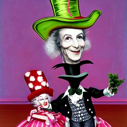 Prompt: nancy reagan dressed as the mad hatter, painted by mark ryden,