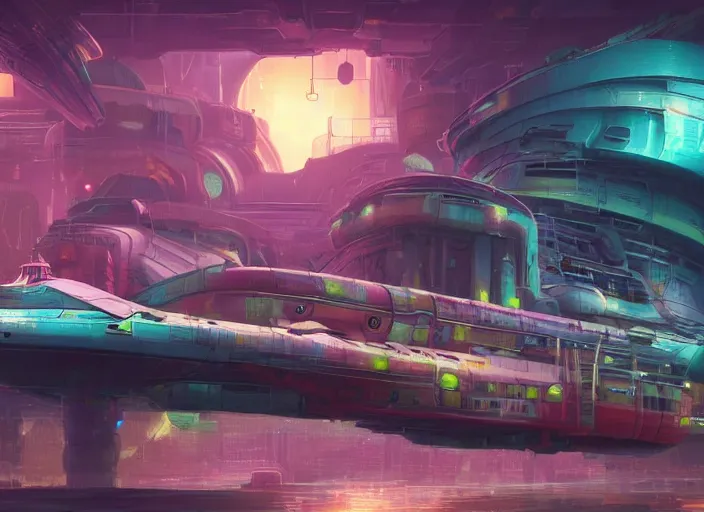 Image similar to detailed concept art illustration colorful pastel painting of a retro sci-fi solarpunk spaceship docked at port in full intricate detail, ultra detailed, digital art, octane render, 4K, dystopian, micro details