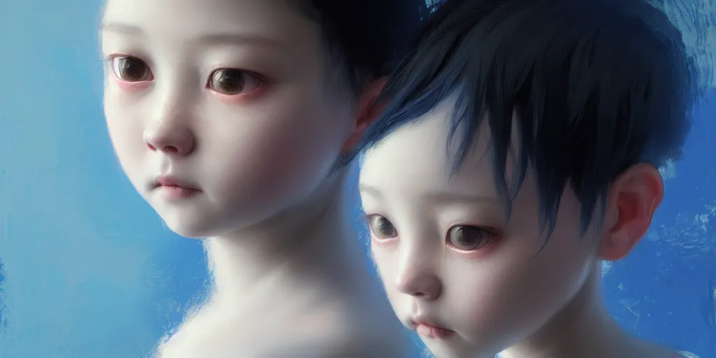 Image similar to portrait of a big eyed, blue short haired beautiful little girl looking sad to the camera with sad eyes, extremely detailed digital painting, in the style of fenghua zhong and ruan jia and jeremy lipking and peter mohrbacher, mystical colors, rim light, beautiful lighting, 8 k, stunning scene, raytracing, octane, trending on artstation
