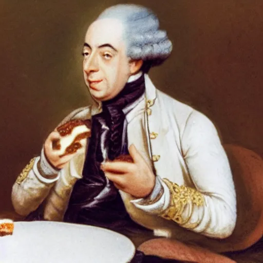 Image similar to colorized photo of G.F. Handel in powdered wig eating cake